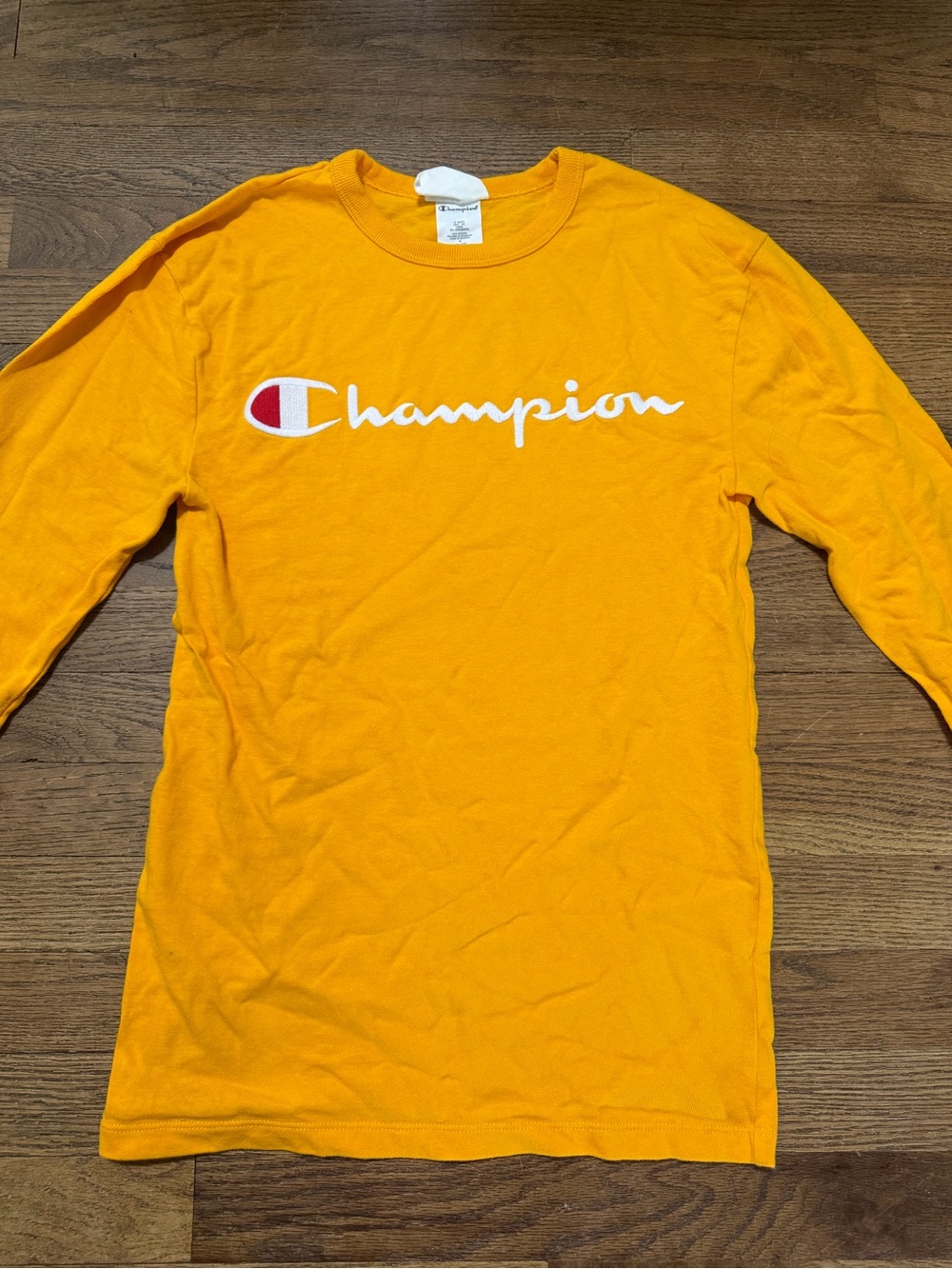 Champion Bright Yellow Crewneck Tee with Small Script Logo
